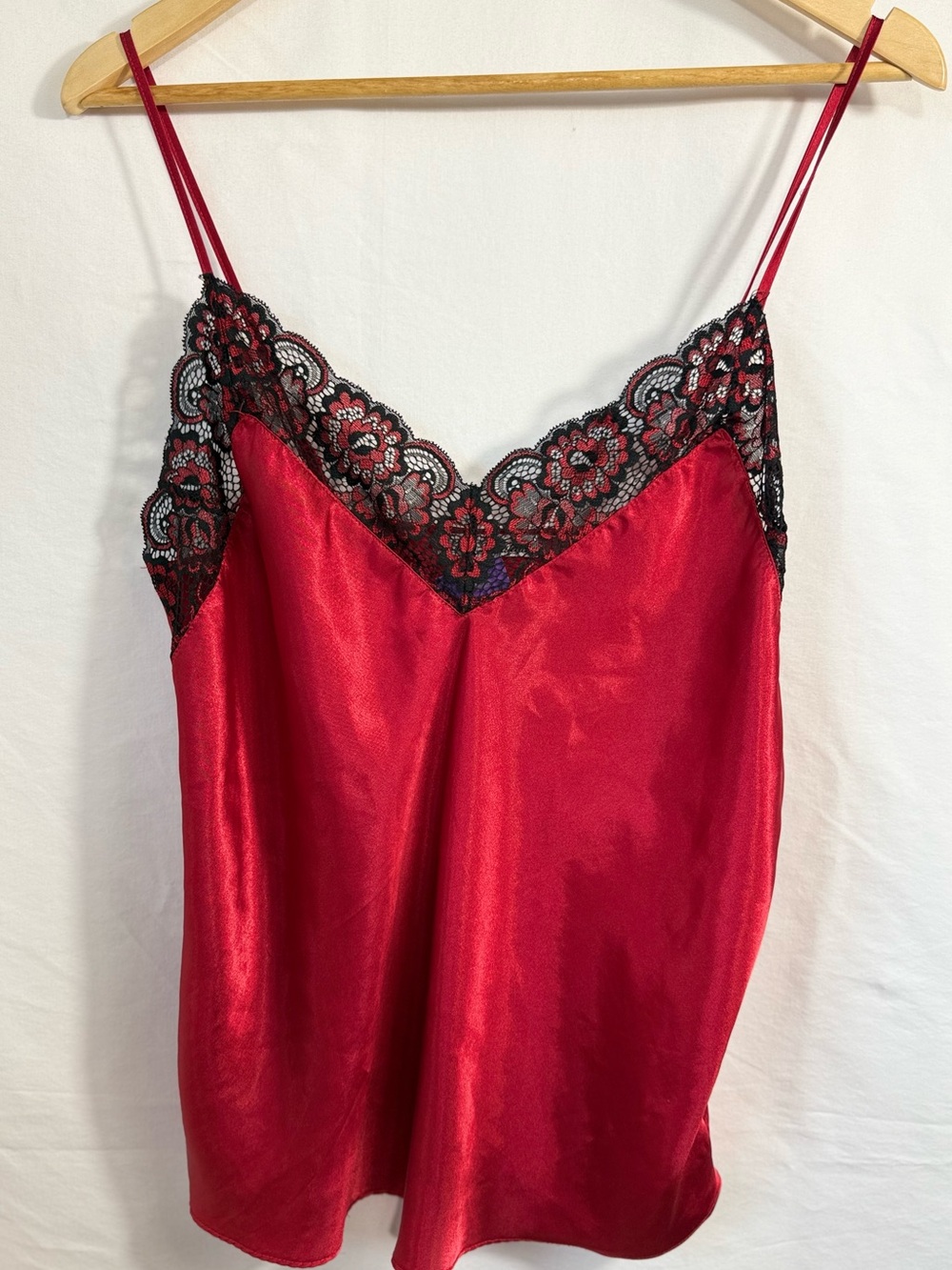 Linea Donatella Vintage Red Satin Cami with Black Lace Trim